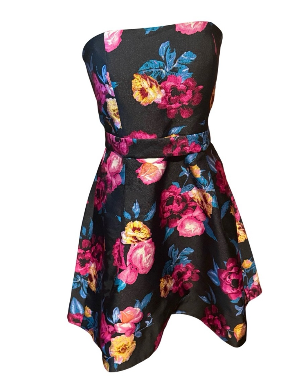 Betsey Johnson Black Strapless Floral Party Dress with Pink & Yellow Blooms